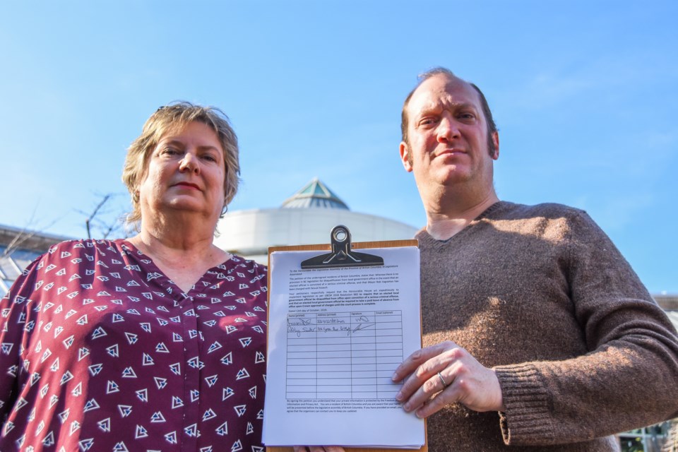 As of the Nov. 2, Laura Dick and Anthony Sandler have collected nearly 1,000 signatures in a petition calling on the province to expedite legislation that would disqualify elected local government politicians from office upon conviction of a serious criminal offence