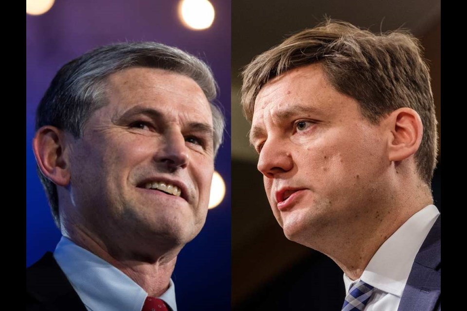 Liberal Leader Andrew Wilkinson, left, and Attorney General David Eby
