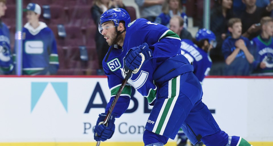 Josh Leivo takes a shot during warmup in the 2019 Canucks preseason.