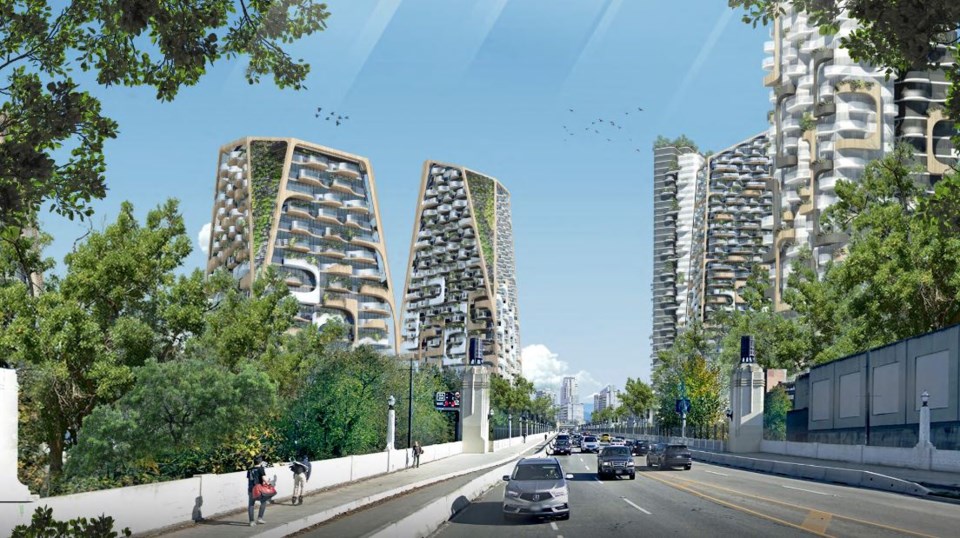 Rendering of Squamish Nation project envisioned for its property by Burrard Bridge. Revery Architect