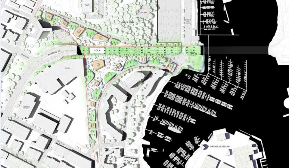 Aerial view of Squamish Nation project envisioned for its property by Burrard Bridge. Revery Archite