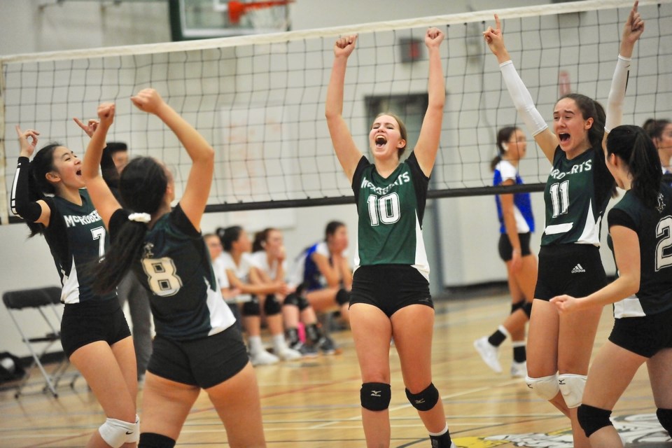 There was plenty of celebrating on their home floor Wednesday night as the McRoberts Strikers capped a perfect run in Richmond Senior Girls Volleyball play with a straight set win over McMath in the title game. It was their third consecutive city crown.