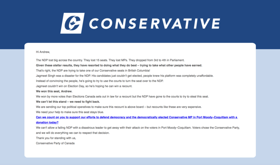 Fundraising letter sent from the Conservative Party of Canada to Andrew Brooke.