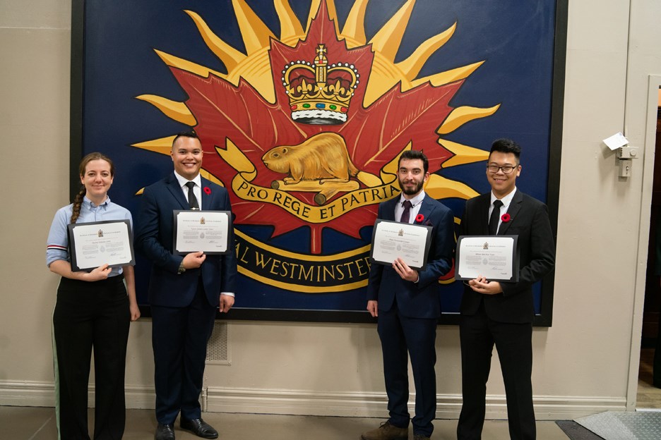 L to R: Officer Cadet (OCdt) Rachel Louis, OCdt Tyson Taruc, OCdt Peter Curson, OCdt Wilson Yuan Photo by Sub-Lieutenant Corey Malone, Canadian Armed Forces