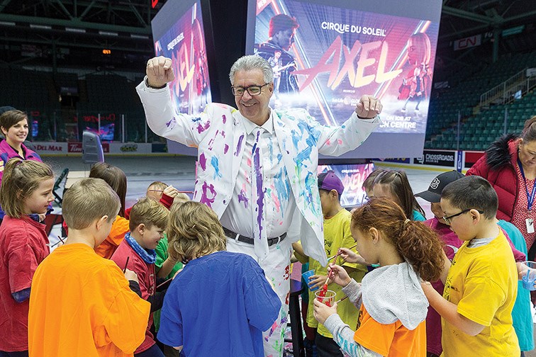 Students from Mrs. Abra’s grade three class from Pinewood Elementary School paint Mayor Lyn Hall on Tuesday morning during an annoucement that Cirque du Soleil’s Axel will be coming to CN Centre June 25-28 2020. Citizen Photo by James Doyle