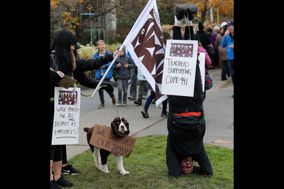 Douglas Fraser stands upside down as Rosie the dog comes in to check things out as teachers, students and parents protest in front of Saanich South MLA Lana Popham's office on Glanford Avenue.