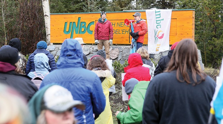 Supporters speak during the UNBC Faculty Association's rally that was held at noon on Friday at UNBC's main entrance. Citizen Photo by James Doyle