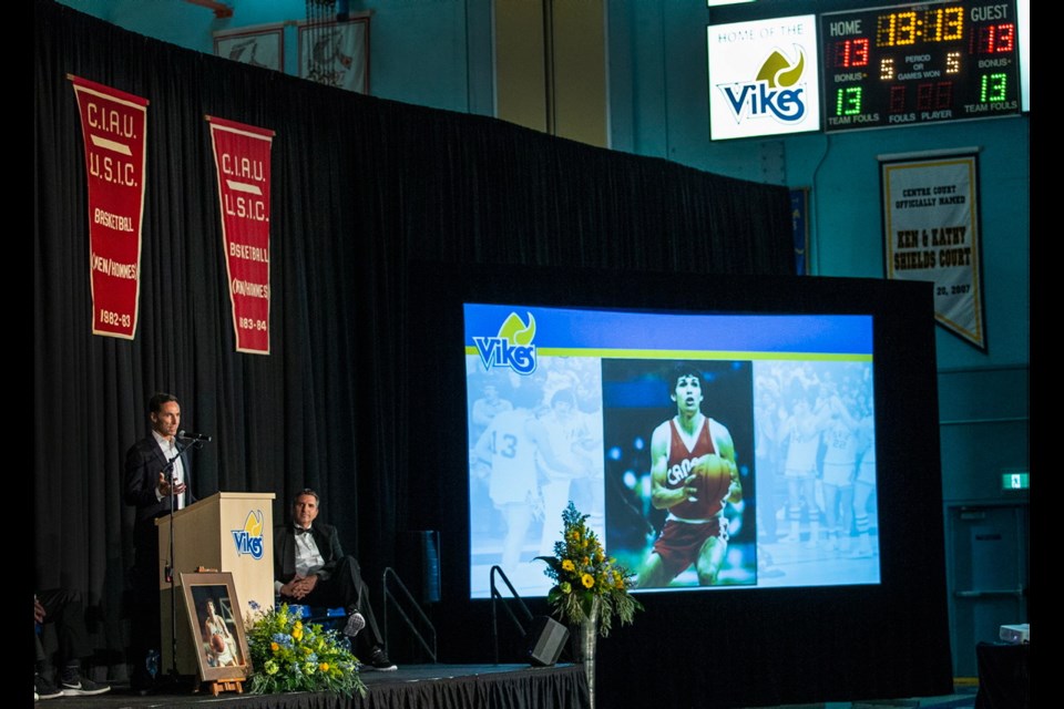 Steve Nash speaks at a tribute to Eli Pasquale at the University of Victoria's McKinnon Gym on Saturday, Nov. 16, 2019. Pasquale, who led the UVic Vikes to five consecutive championships in the 1980s, died Nov. 4 of cancer.