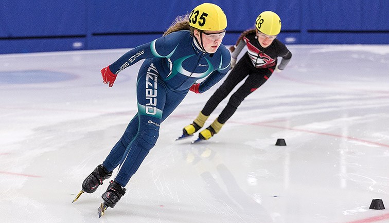 Sarah Hanson of Prince George leads Manuela Escobar Ballen from Burnaby during a 1,500m heat race on Saturday at Kin 1 during a B.C. Cup Short Track speed skating event.