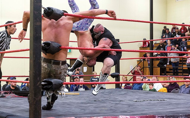 The Mauler gives gives Michael Moore a pile driver on Saturday at the Connaught Youth Centre during Canadian Wrestling’s Elite The Juice Is On The Loose Tour. Citizen Photo by James Doyle