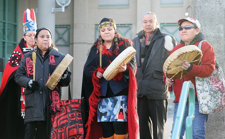 Drummers perform during a rally in front of the Prince George Courthouse on Monday morning prior to testimony in court about the effects of the reversal of the Nechako River. Citizen Photo by James Doyle