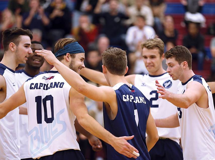 Ben Friesen (No. 10) has joined his twin brother Simon (No. 2) on the Capilano Blues for their fifth and final season of college volleyball. photo supplied Capilano Blues/Vancouver Sports Pictures