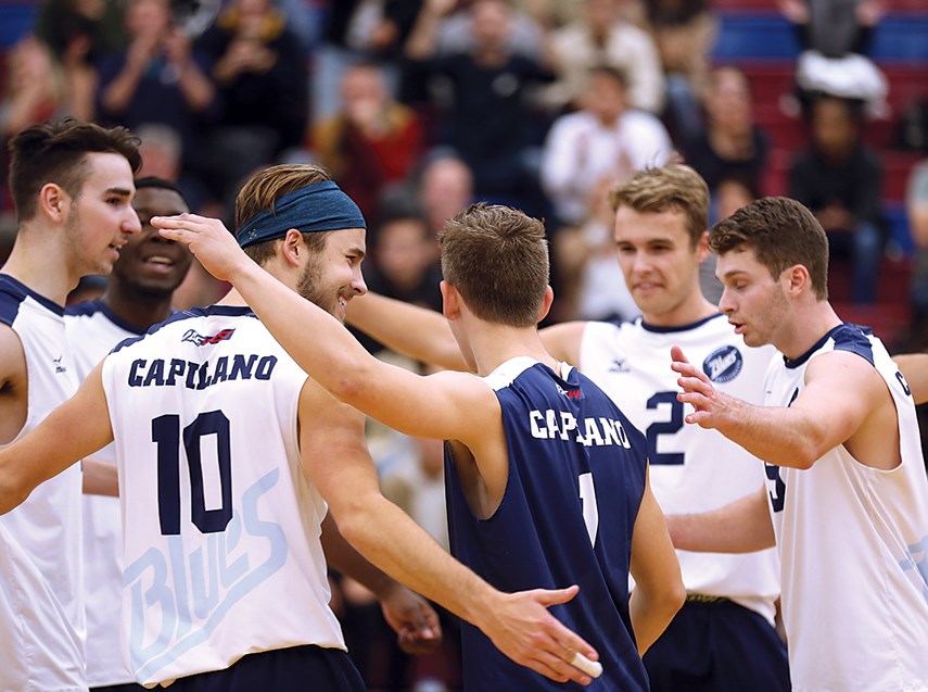 Ben Friesen (No. 10) has joined his twin brother Simon (No. 2) on the Capilano Blues for their fifth and final season of college volleyball. photo supplied Capilano Blues/Vancouver Sports Pictures