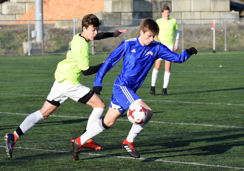 Handsworth's Sascha Sweatman controls the action during a game at the AAA provincial soccer championships Friday at Burnaby Lake Sports Complex. photo supplied Bridget Haynes