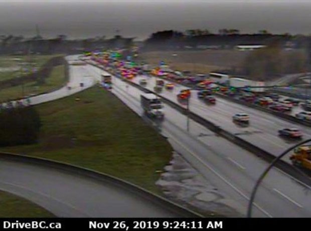 A screengrab of the Drive BC highway cam showing Hwy. 99 from the Hwy. 17A overpass, looking north.