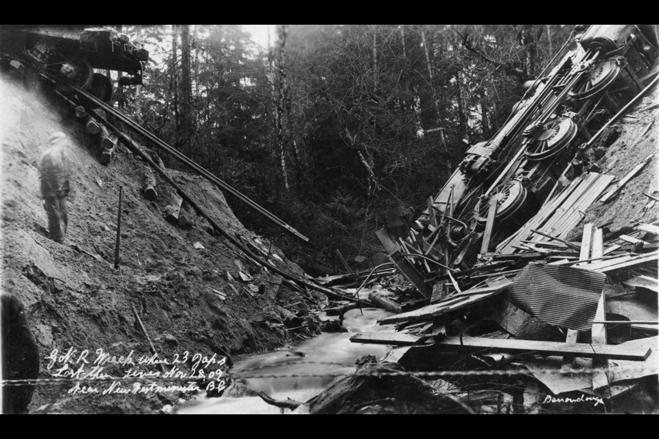The scene of the accident at Lost Creek, November 28 or 29, 1909. Photo by George Alfred Barrowclough, New Westminster Museum and Archives, IHP 1695