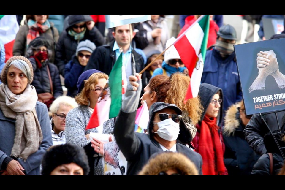 Protestors, many from the Tri-Cities, gather at a rally in front of the Vancouver Art Gallery to stand in solidarity with Iranians suffering the consequences of a recent government crackdown