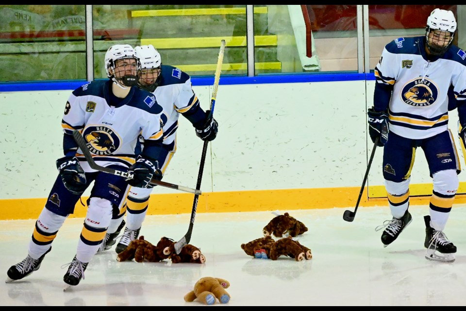 Brice Kemp (left) had the plush animals flying onto the ice just four minutes into Tuesday's game with the Aldergrove Kodiaks and the goals kept coming in the Delta Ice Hawks 9-0 victory. Kemp went on to record a hat trick.
