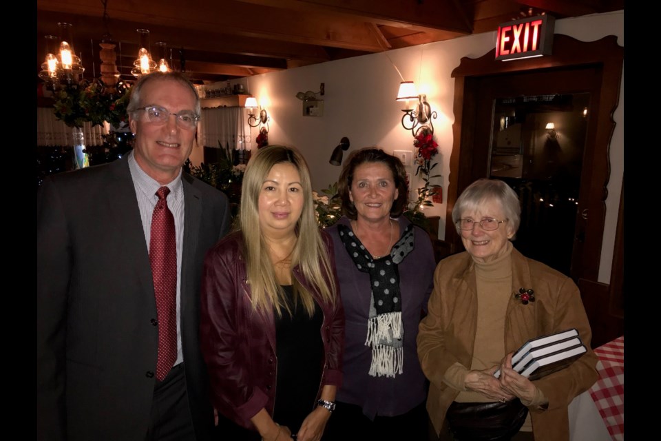 The Saint Mary’s Health Foundation recently handed out grants at this year’s recipients’ awards event at the Old Bavaria Haus restaurant in New West. From left: Rob Stewart, Chair, Saint Mary’s Health Foundation; La Vorasarn, Kiwanis Care Centre; Lorrie Gerrard, executive director, Kiwanis Care Centre; Betty Wynne, Saint Mary’s Health Foundation.