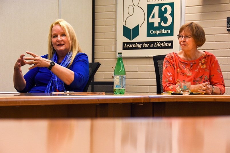 School District 43 superintendent Patricia Gartland, left, and board of education chair Barb Hobson,
