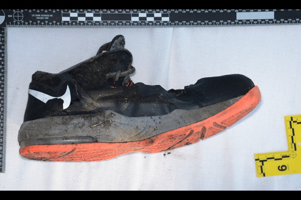 A shoe worn by an unidentified male whose body was found near Moberly Lake on November 1.