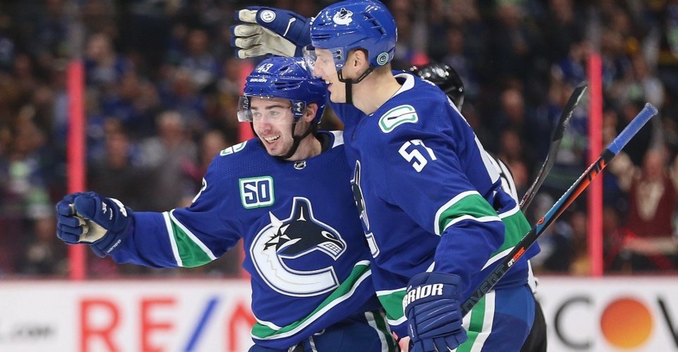 Quinn Hughes and Tyler Myers celebrate a goal for the Canucks.