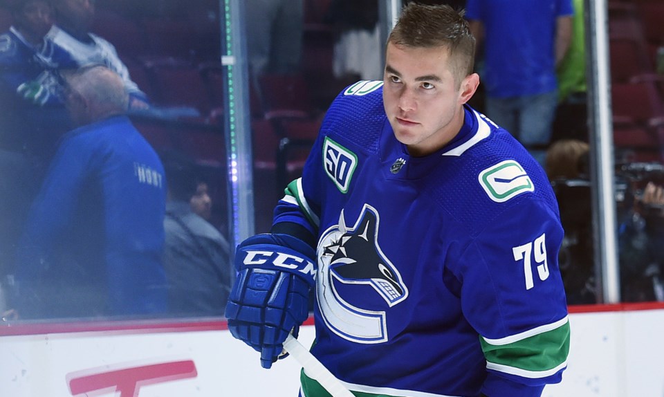 Micheal Ferland skates in warmup for the Canucks.