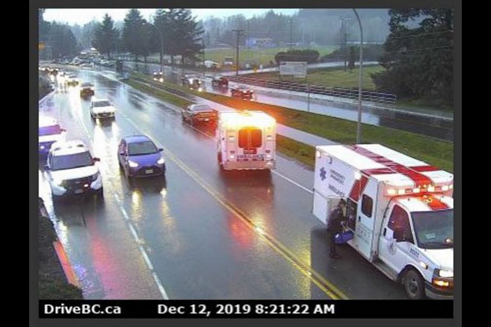 A Drive B.C. video shows ambulances responding after a student was struck on Sooke Road on Dec. 12, 2019.