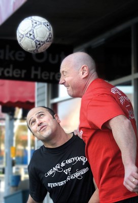 Steveston merchants Davood Khatami, left, of Bean & Beyond Café, and Iain Mackelworth, of the Steveston Barber Shop, will settle a long-running rivalry when they square off against each other in a charity six-a-side soccer match. Dubbed the "Battle of the Bs," Khatami's team is called "Beanfica" and Mackelworth's is "Barberlona."
