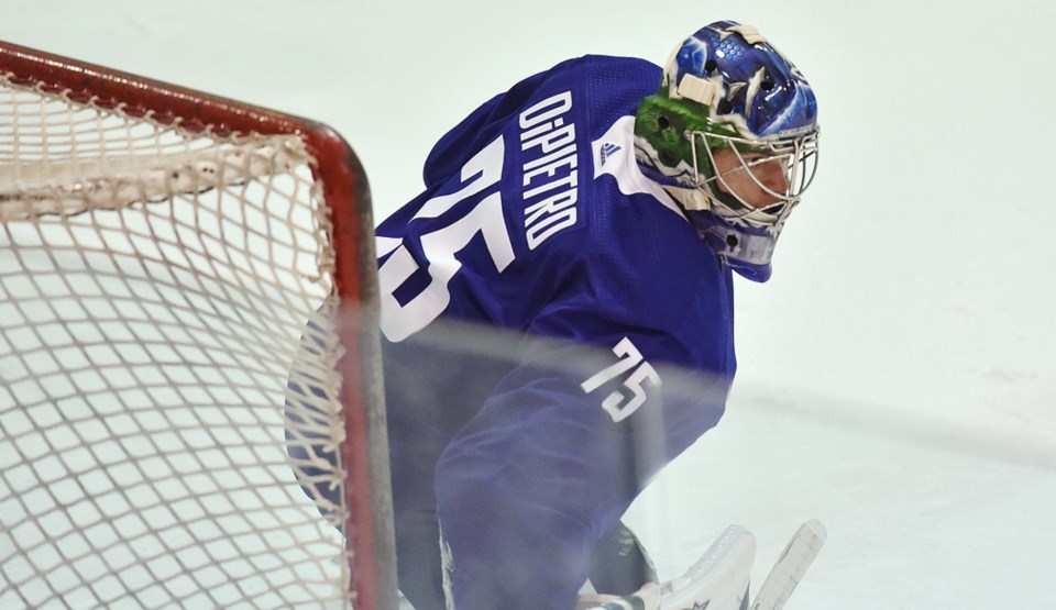 Michael DiPietro tends goal during the Canucks 2019 development camp.