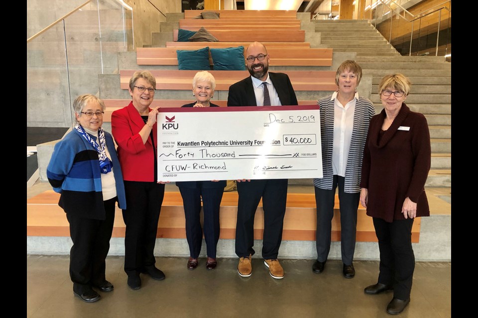 (Left to right): Fran Mitchell, CFUW past president, Deborah Track, CFUW president, Kim Hunter, CFUW past chair, Steve Lewarne, KPU executive director and advancement, Brenda Denchfield, past president and Jenny Toone, vice-president. Photo submitted