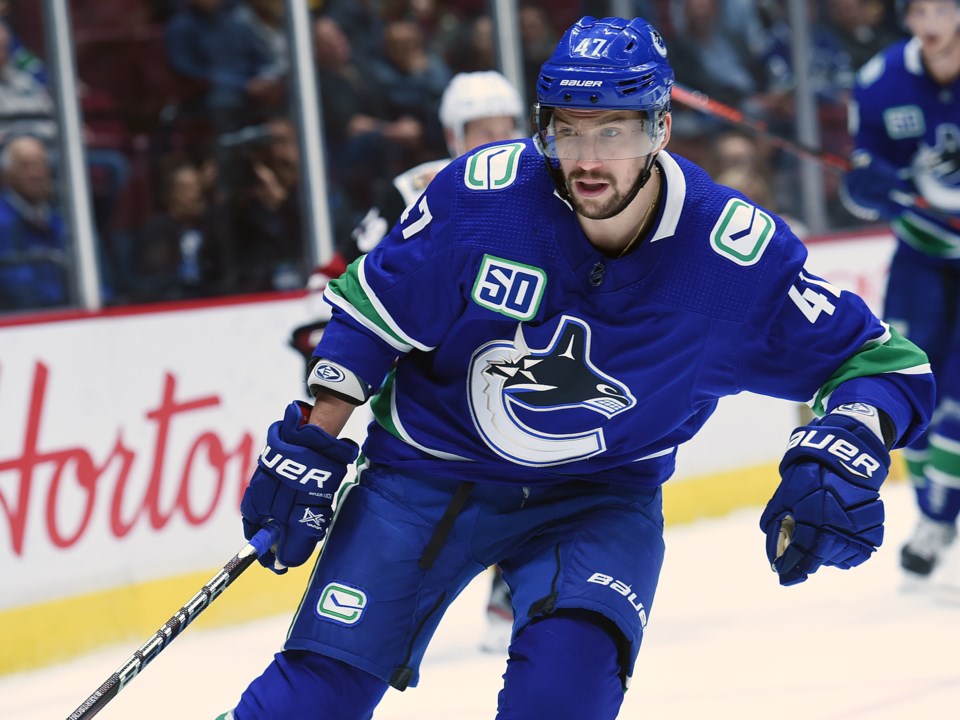 Sven Baertschi keeps his eyes on the puck in the Canucks 2019 preseason.