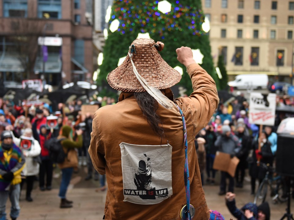 Trans Mountain pipeline protesters rallied on the steps of the Vancouver Art Gallery Monday, Dec. 16