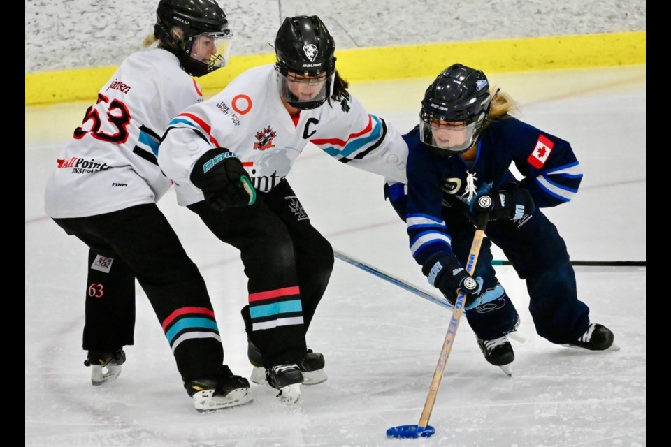 Richmond's Hailey Takasaki works her way towards to the Manitoba goal in BC Thunder's 8-4 win in National Ringette League action on Sunday at Minoru Arenas.