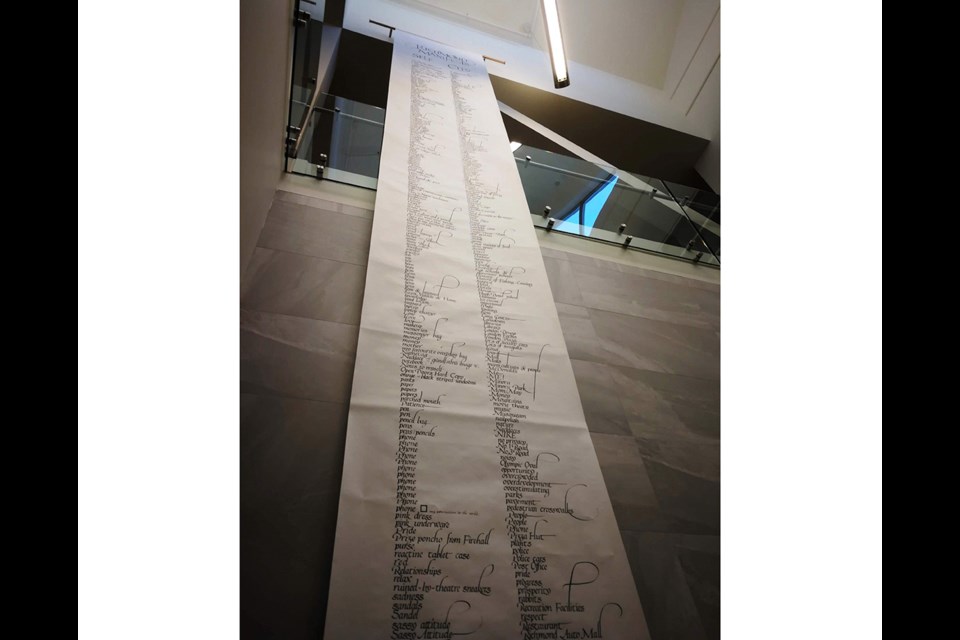 The Minoru Manifesto is a 10-meter long artwork by Julie Hammond and is hung at the Richmond Public Library until April 2020. Photo submitted