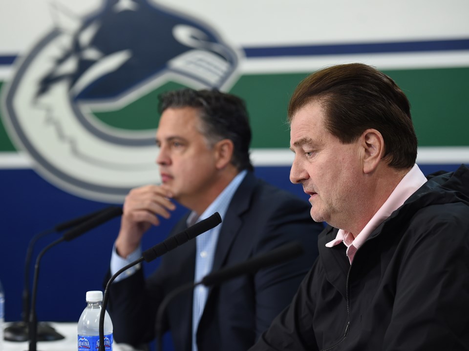 Jim Benning and Travis Green speak to the media at 2019 Canucks media day.