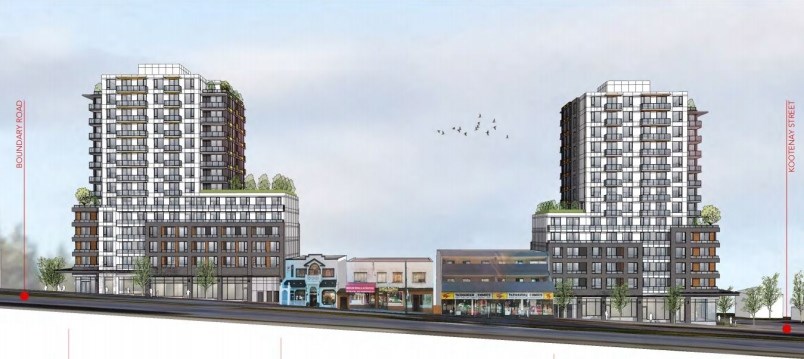 One building is proposed for 3680 East Hastings (left) and a second is proposed for 3600 East Hastings (right). Rendering BHA Architects