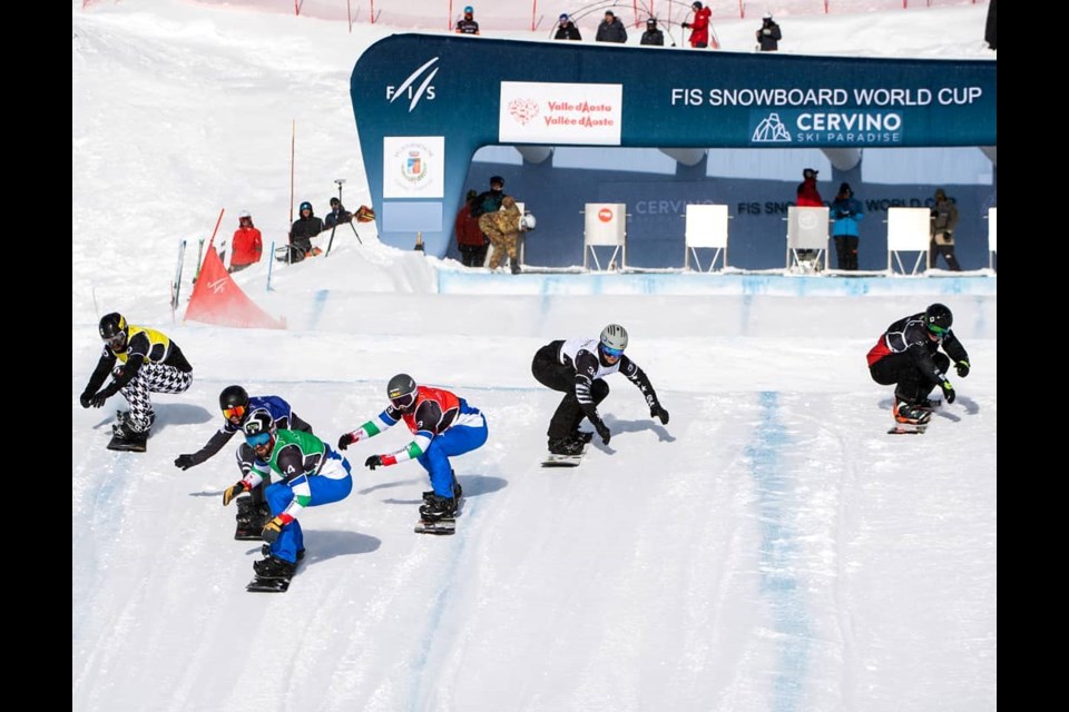 Evan Bichon of Prince George, far right, takes on his competition Saturday at a World Cup snowboardcross race in Cervinia, Italy. Bichon, 21, finished 47th overall.