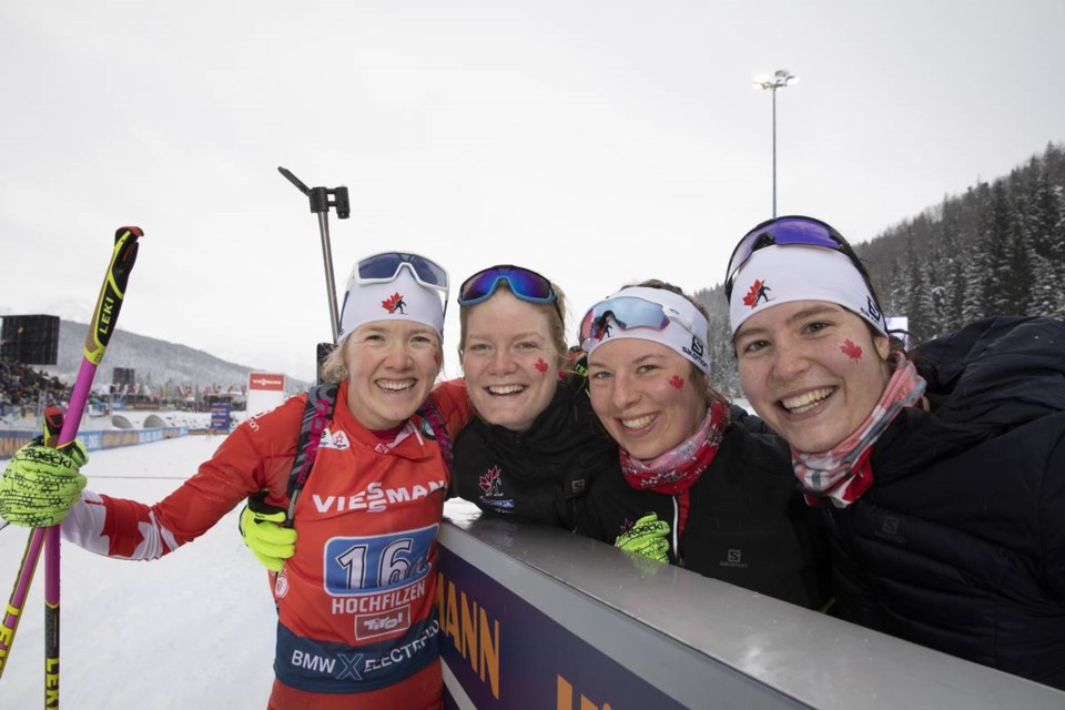 Emma Lunder of the Canadian women's 4 X 6 km relay team, far left, poses with her teammates, from left, Sarah Beaudry, Nadia Moser and Megan Bankes after they posted a best-ever fifth-place Word Cup finish Dec. 14 in Hochfilzen, Austria.
