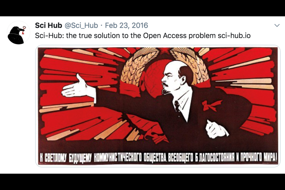 A message pinned to Sci-Hub's Twitter feed roughly translates in English as "To the bright future communist society of universal welfare and lasting peace." Defenders of the organization, which offers nearly 80 million open source research papers, say it provides a just alternative to paywalls that hinder the free flow of information