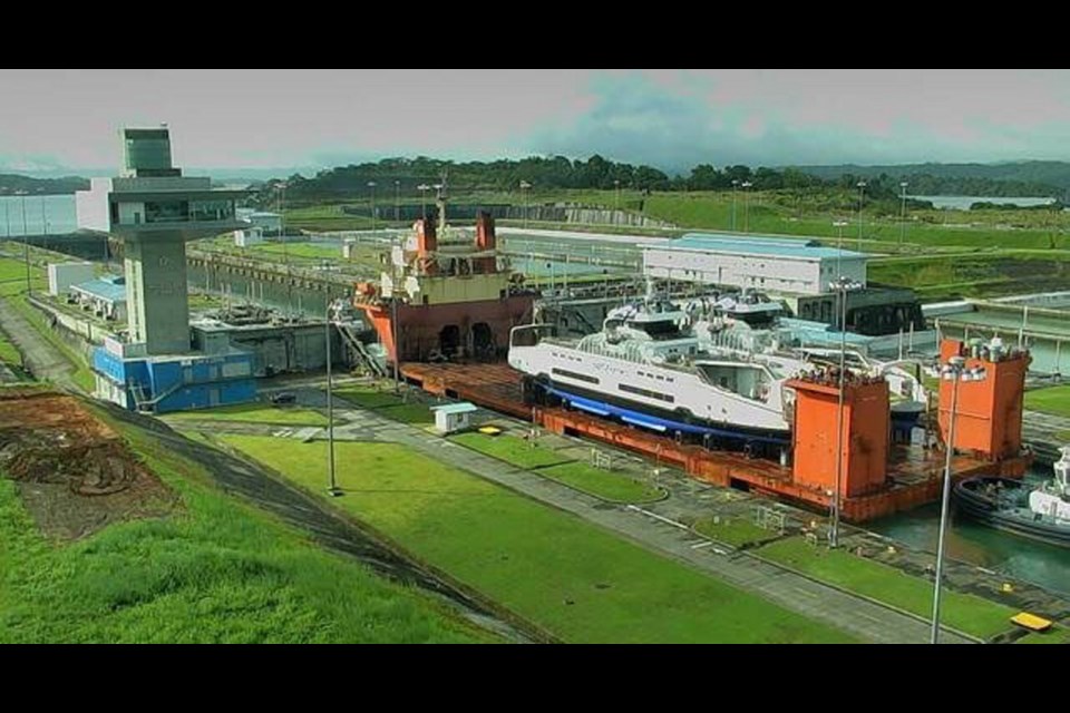 New Island Class ferries at Panama Canal, being transported to Victoria.