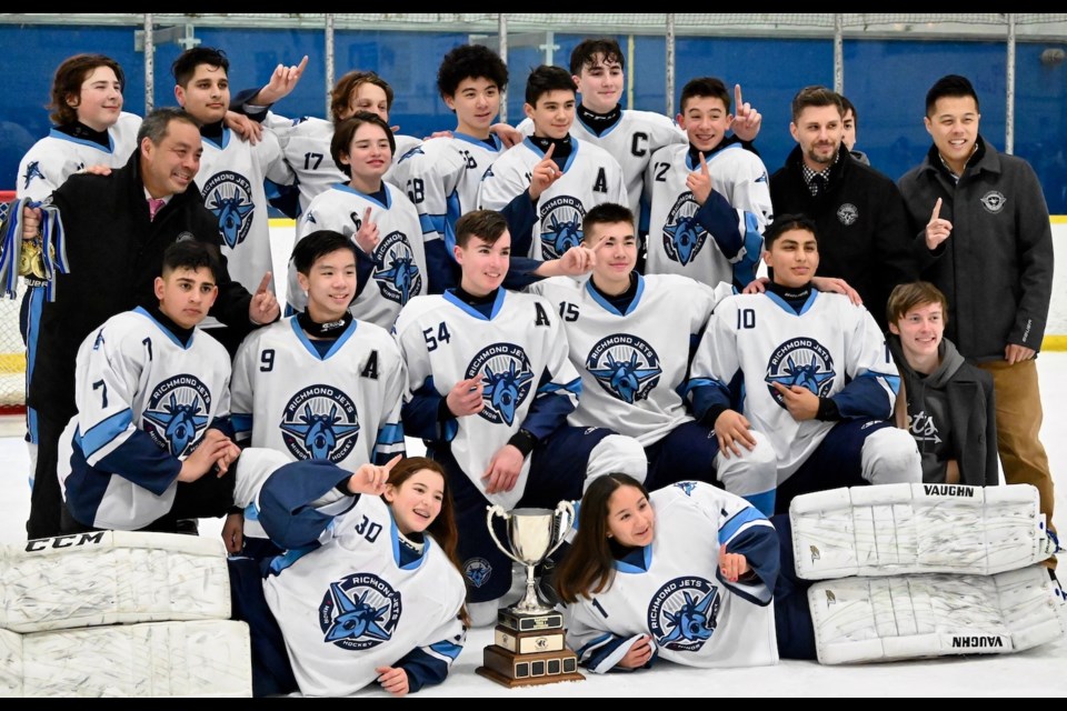 The Richmond A1 Jets are Bantam AAA champions at the 39th Richmond Bantam Midget International Hockey Tournament after a 5-3 win over Golden State on Monday night at the Richmond Ice Centre.