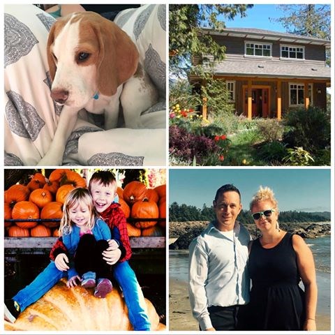 Compilation of four photos: a dog, a house, two children on a pumpkin and a couple on a beach.