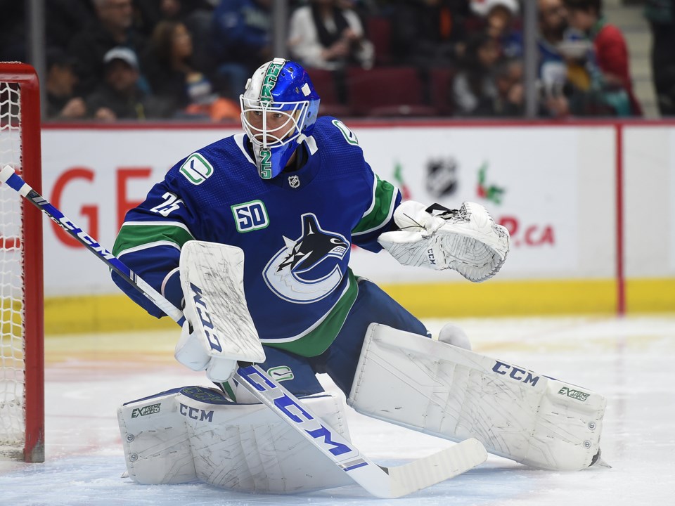 Jacob Markstrom makes a save for the Vancouver Canucks.