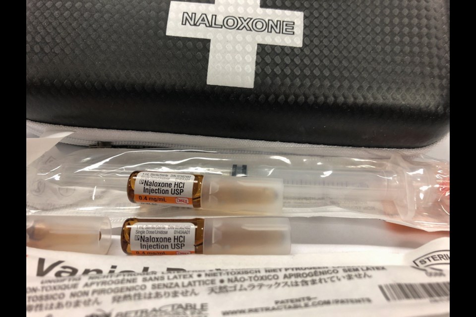 A naloxone opioid-overdose reversal kit.