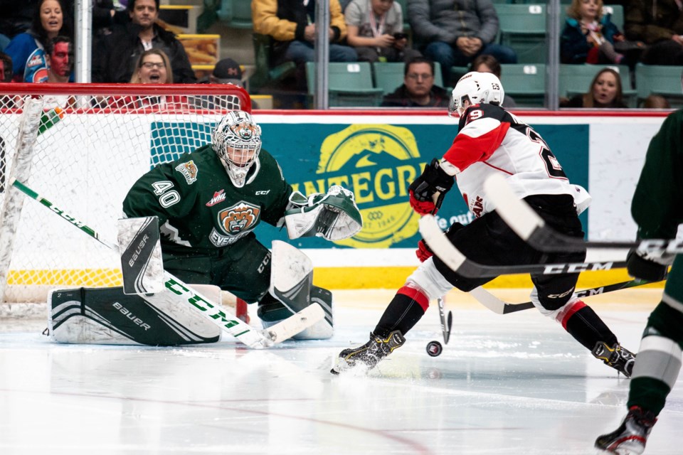 Cougars winger Vladislav Mikhalchuk goes fro his backhand to his forehand and scores a beauty on Everett Silvertips goalie Braden Holt 35 seconds into the third period Friday at CN Centre. The Cougars went on to beat the 'Tips 4-3.