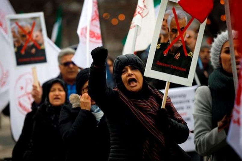A few dozen Iranian-Canadians gather in Toronto on Friday to celebrate the death of a top Iranian general in Iraq in Toronto, Friday, Jan. 3, 2020. Gen. Qassem Soleimani was the head of Iran's elite Quds Force, and was killed in Baghdad, Iraq, late Thursday.