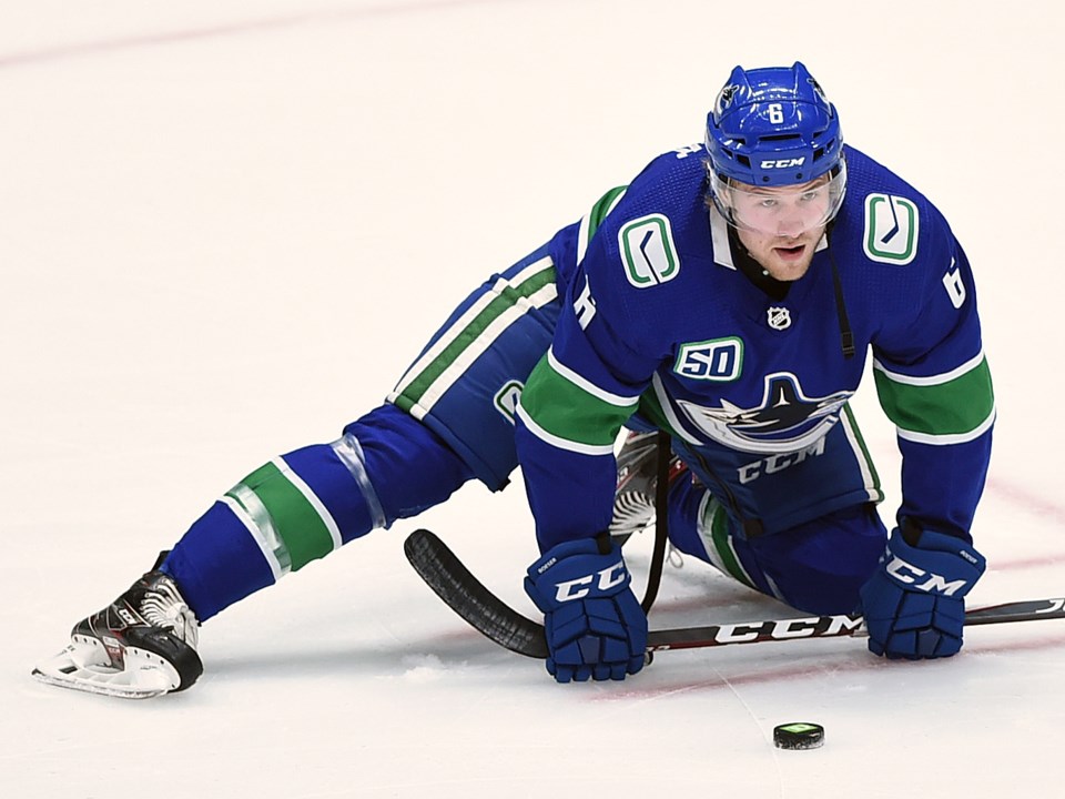 Brock Boeser stretches before a Vancouver Canucks game.