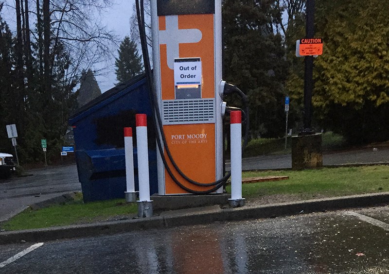 Port Moody's new fast charger for electric vehicles, installed in November, is currently out of order but when up and running will cost 26 cents a minute or $16 an hour to use.