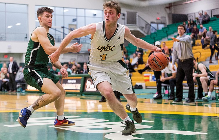 UNBC Timberwolves forward Anthony Hokanson drives to the net during a game earlier this season at the Northern Sport Centre against the Fraser Valley Cascades. Hokanson will play the final regular season games of his five-year career this weekend at the NSC when the T-wolves host the MacEwan Griffins of Edmonton Friday and Saturday in their final regular-season games.